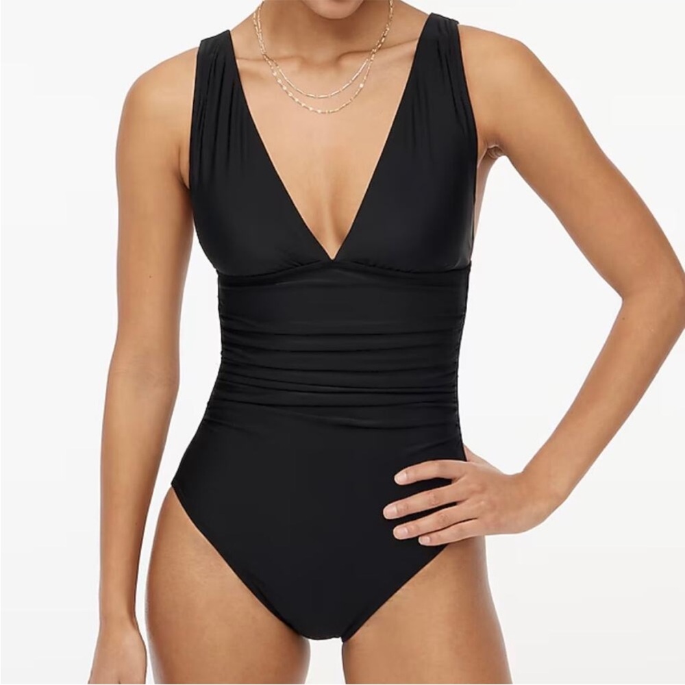 NWT J Crew Classic Black Ruched V-neck One-Piece Swimsuit Size L